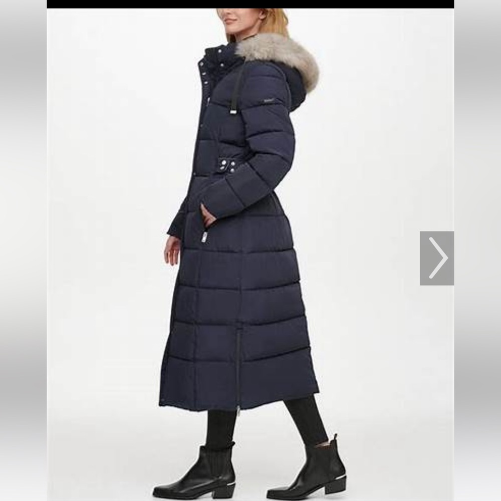NWOT, DKNY Faux-fur trim hooded maxi coat